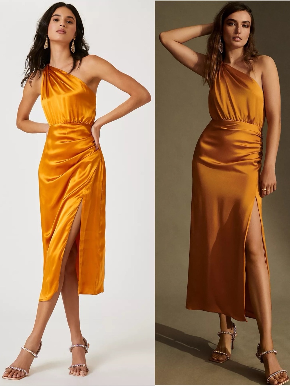 Anthropologie One-Shoulder 100% Silk Midi Dress Gold Size 6